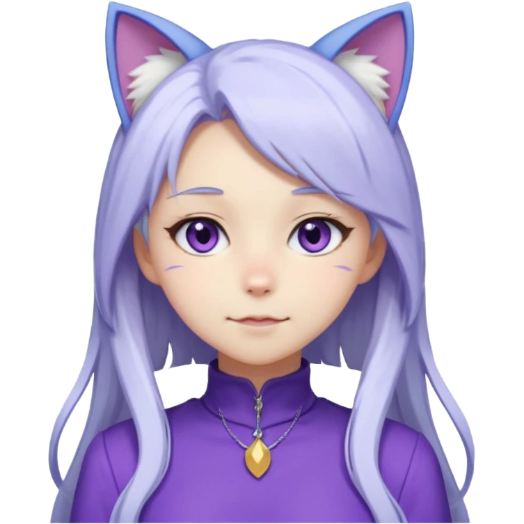 female anime character with long white hair and periwinkle highlights and cat ears on her head. She is wearing a purple outfit with a high neckline and long sleeves.  emoji