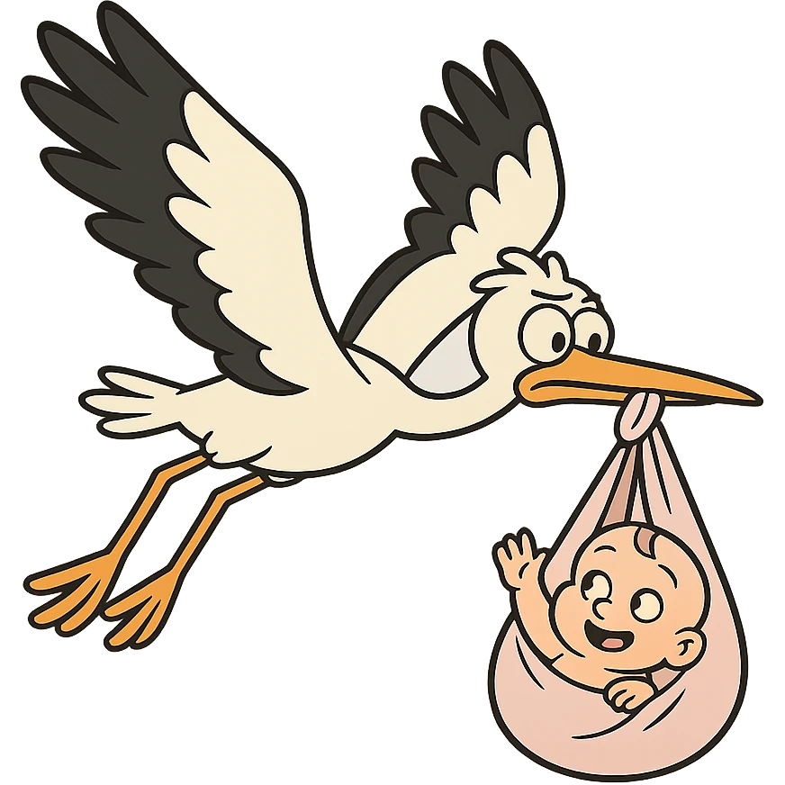 stork flying with a human baby in a bundle, flat toon style emoji