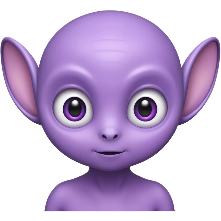 Portrait of a cute alien with round head, big shiny eyes, pastel purple skin, small antennae, friendly expression, cartoon style emoji