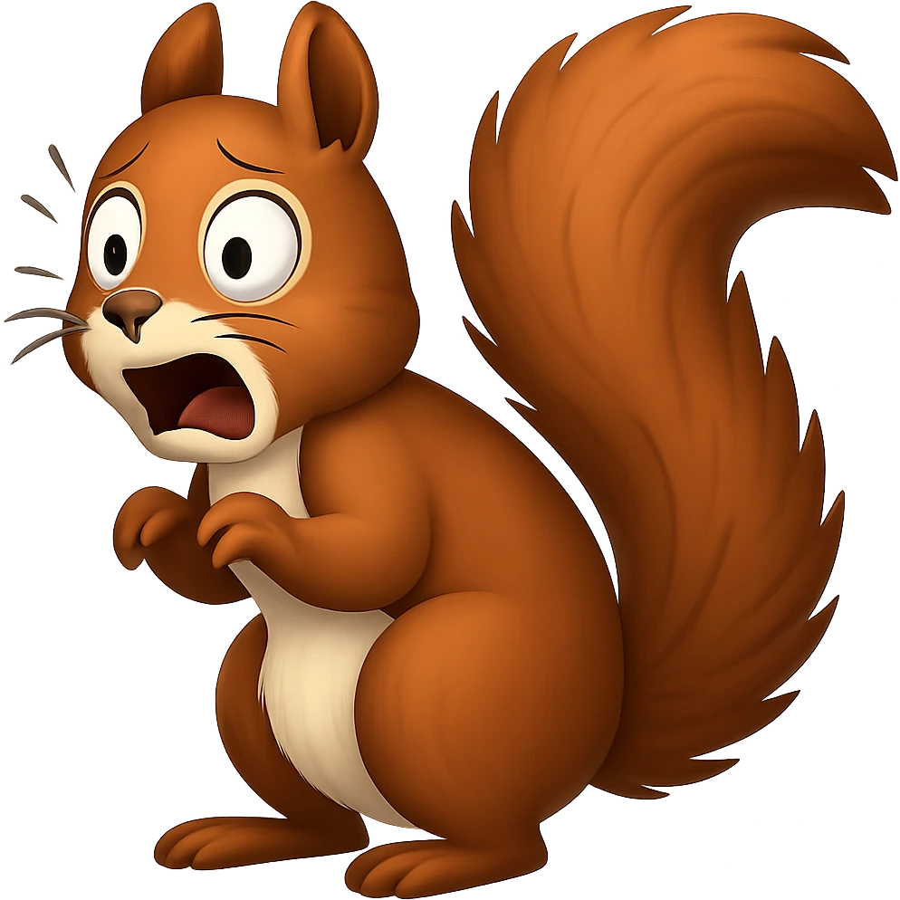 Make the squirrel look scared, with wide eyes and a startled expression, in apple emoji style, with no background (transparent). emoji