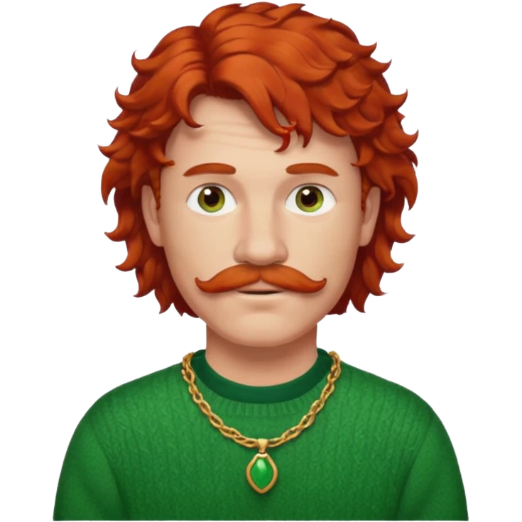 curly red-haired man with a mullet and mustache, green sweater, red necklace emoji