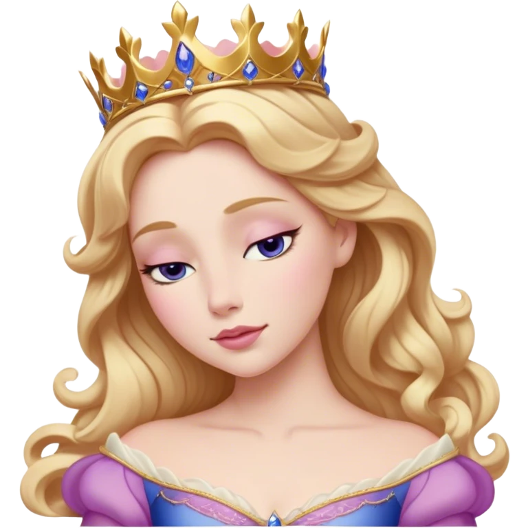 Cinematic Realistic Sleeping Beauty (Aurora) Portrait, with porcelain-like skin featuring a natural rosy flush, illuminated by soft lighting that highlights the gentle contours of her face. Her golden blonde hair flows in soft, detailed waves with subtle highlights that shimmer in the light. Her deep violet-blue eyes radiate warmth and innocence, framed by arched brows and long lashes. Her serene expression exudes quiet elegance. She is dressed in her classic pink gown, the fabric rich in texture with delicate folds that catch the light. A golden crown rests atop her head, gleaming with royal refinement. The portrait captures a soft, glowing aura, blending realism with an ethereal sense of beauty and timeless enchantment. emoji
