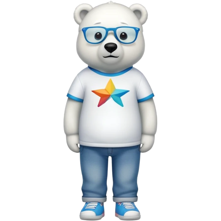 friendly anthropomorphised polar bear standing upright, looking chilled and unbothered, wearing a shirt, jeans, trainers, star-shaped colorful glasses emoji