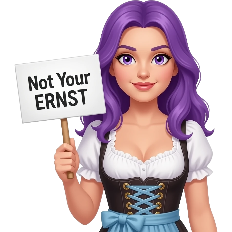 sexy girl with long purple hair and purple eyes wearing a dirndl holding a Not Your ERNST sign emoji