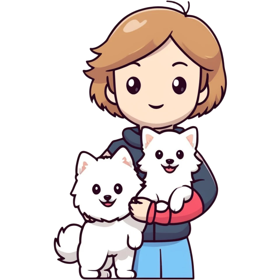 light brown hair girl with pale skin holding a white Japanese spitz dog emoji
