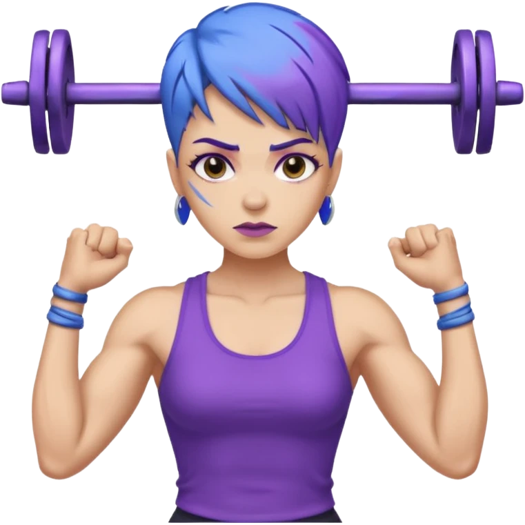 weight lift woman short blue purple har muscles bar is not growing from head emoji