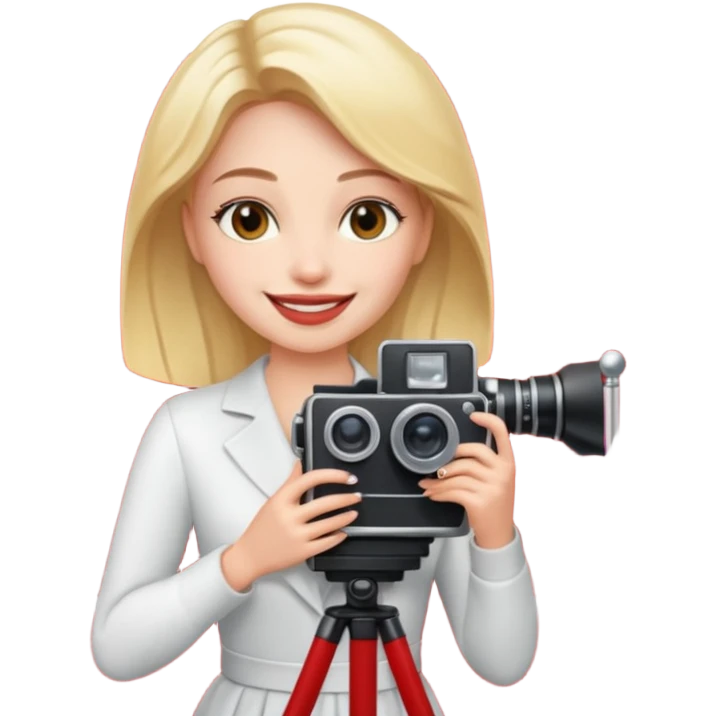 an actress standing on a red carpet, smiling, with a film camera next to her. emoji