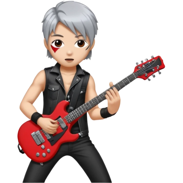 a kpop idol plying a heavy metal guitar with white background emoji
