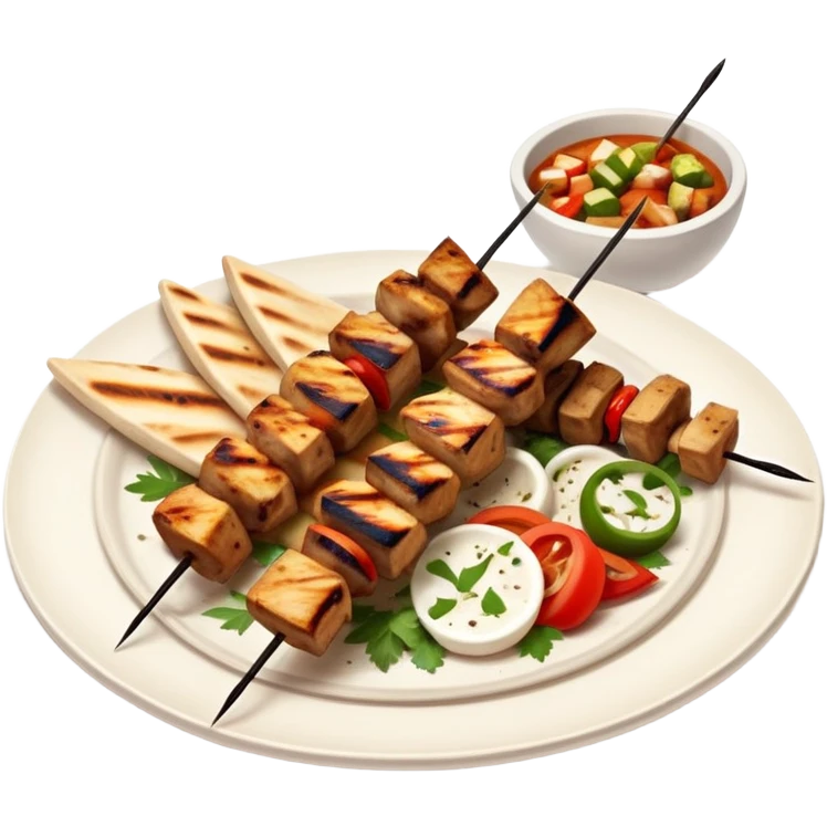 cinematic-realistic-souvlaki-dish-emoji,-showcasing-skewered,-2 grilled-chicken-with-mediterranean-spices-rendered-with-dynamic-textures-and-warm,-appetizing-lighting on pita bread on a plate emoji