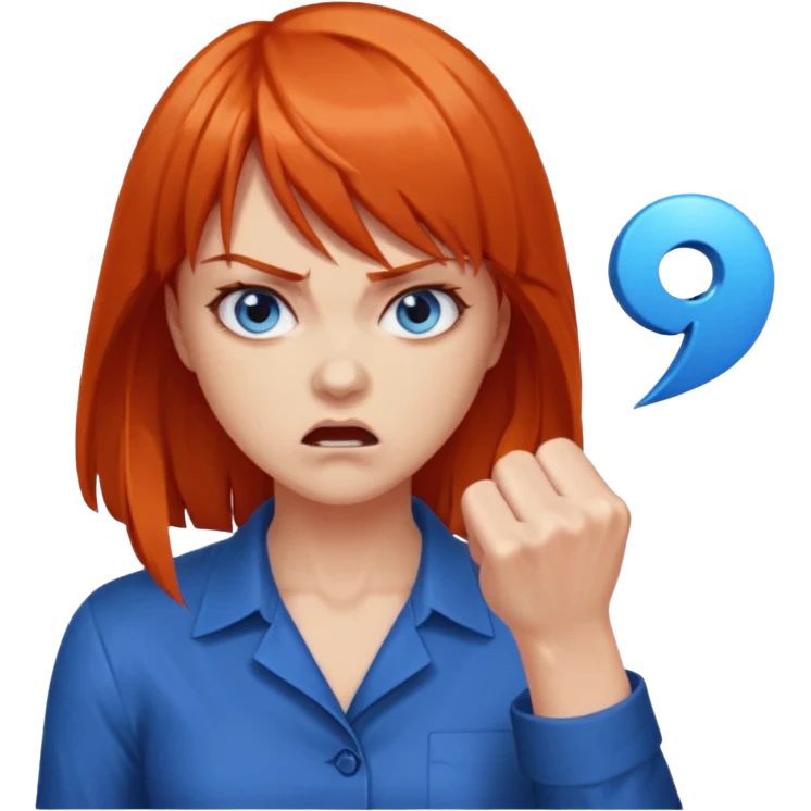A woman with dark orange hair and bangs, blue eyes, an asmr streamer, angry, clenching his fist emoji