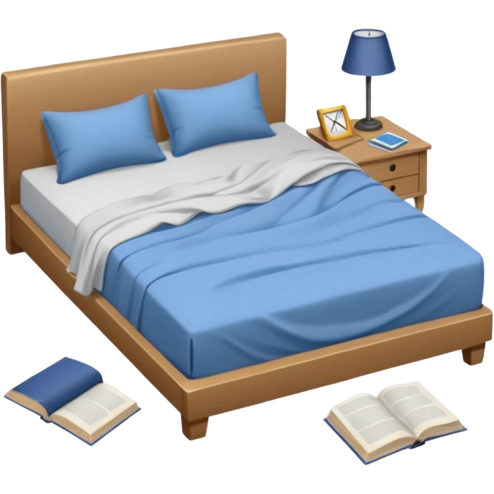 messy bed with a wrinkled blanket, the pillow out of place on the floor. Around the bed, scattered items include a t-shirt, pants, and an open book on the floor. emoji