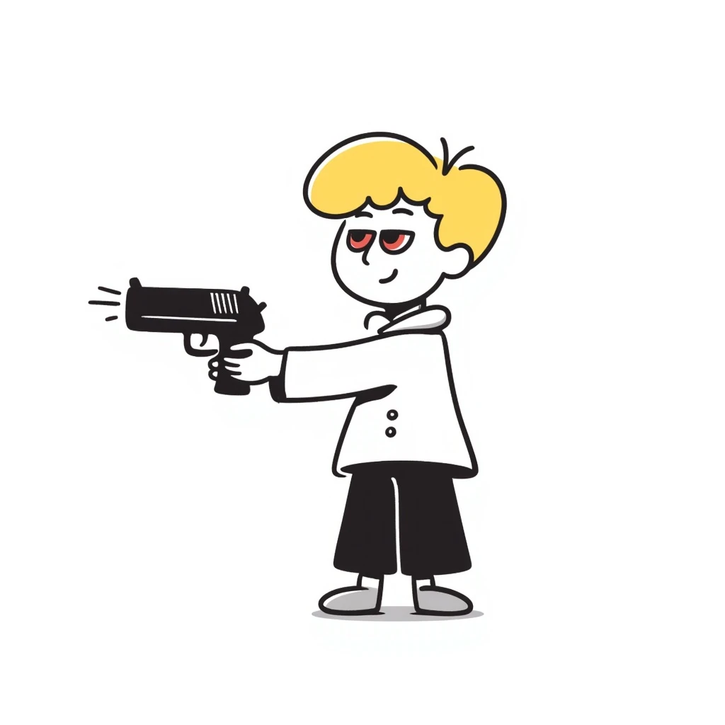 blonde boy with red glowing eyes holding a gun, hand drawn doodle style emoji