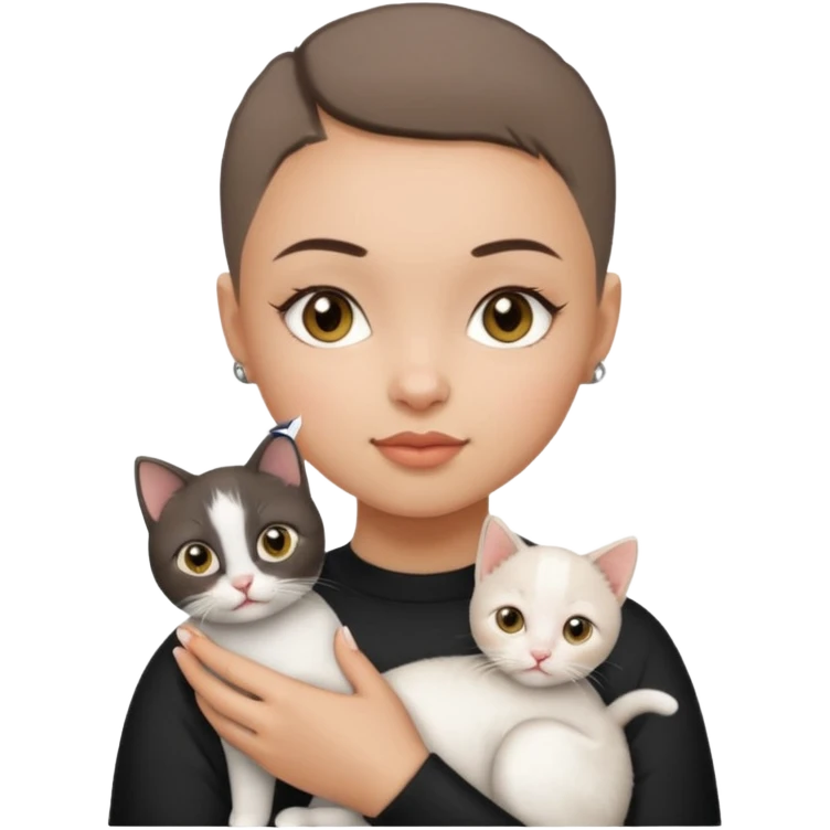 HAZEL EYES , BLACK BUZZ CUT LIGHT SKIN ROUND FACE GIRL hold kitten white  emoji
