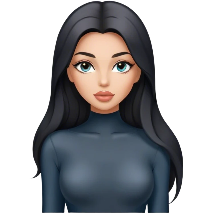 Glamours, tanned, very beautiful girl, with big pump peach-beige-rose lips, long long lashes, black straight smooth silky long hair, straight parting hair, blue-grey eyes in black long-sleeves bodysuit emoji