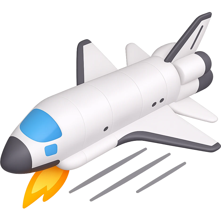 Make the space shuttle look like it is flying, with motion lines or a sense of movement, in the style of emoji. No background, transparent. emoji
