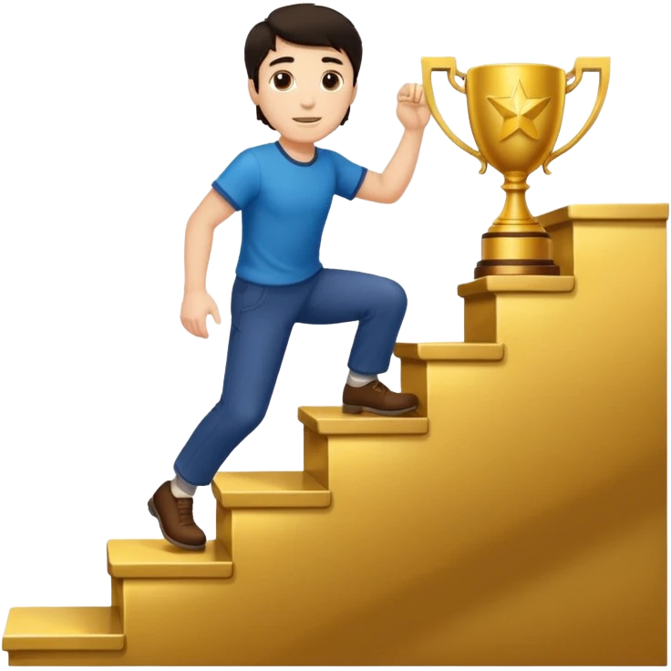 UN HOMBRE DE PIEL CLARA Y PELO OSCURO SUBIENDO ESCALERAS PARA ALCANZAR UN TROFEO emoji
