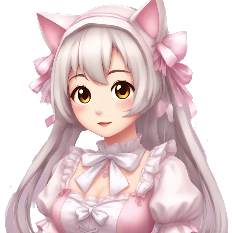 Gorgeous anime style catgirl with blushing face with maid outfit laces idol model kawaiicore pearly petite simplistic aesthetic trending style emoji