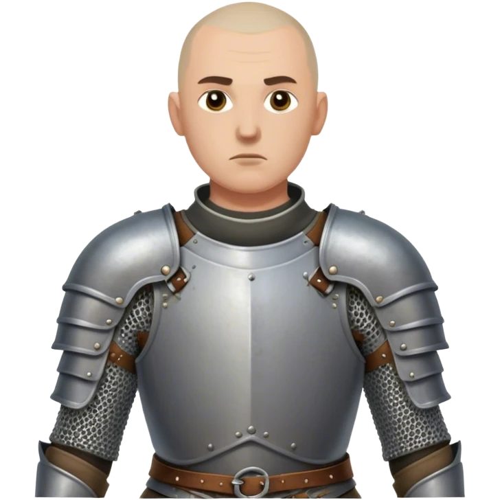 medieval battle armor worn by a DnD themed fantasy character. basic full plate cuirass with leather straps and a chainmail coif. armor only above the waist. The armor full waist. The character's haven't arms. character is shaved head gray eyes scarred face light-skinned man. emoji