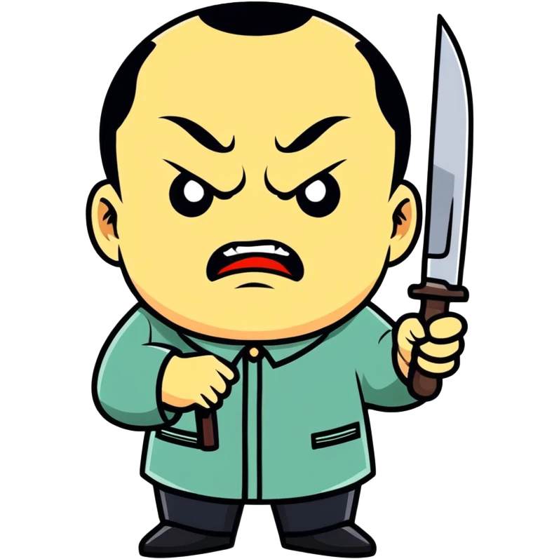 Deng Xiaoping as a cartoon villain, exaggerated angry expression, holding a knife, sticker style emoji