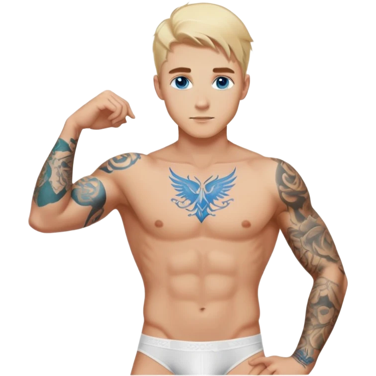 Handsome blonde hair and blue eyes military white guy with body tattoos in underwear sexy pose sfw emoji