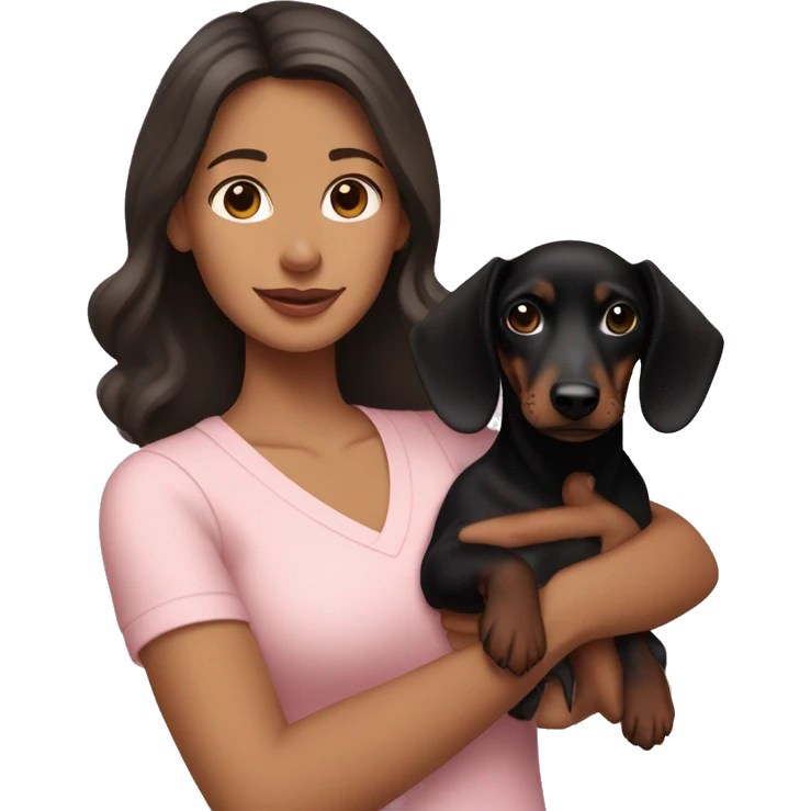 a brunette woman in a light pink shirt, with light skin, holding black dachshund puppy in her arms emoji