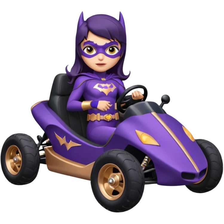 Hot full size real-appearance retro electric racing action BatGirl’s feminine midnight-purple tight outfit sixty’s tv show 1992 stealthy retro sporty safe plush petite off-road pursuit cruiser car rose gold accents (black hair,reclined and relaxed torso seating position) go kart  emoji