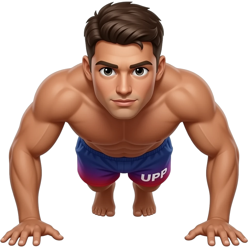 man-in down low position of  doing-push-ups shirtless, nice tan, "UPP" written on his purple to blue to red gradient shorts emoji