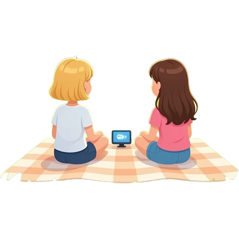 A blonde girl with short hair and a brunette girl with long hair watching a movie on a blanket in a park emoji