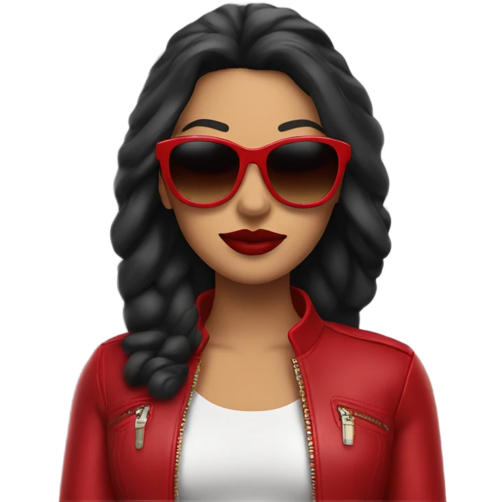 Latina with dark sunglasses a red leather jacket and bright red lipstick emoji