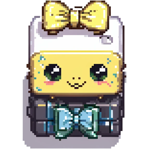 pixel art of a battery with a bow and eyelashes, smiling, chibi style emoji