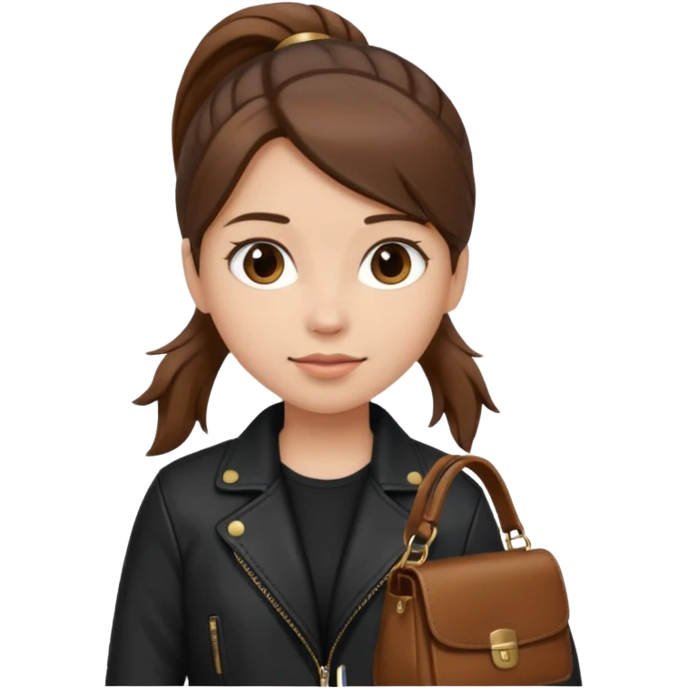 A girl with a pony tail brown hair and white ish skin with a black jacket and a brown purse emoji