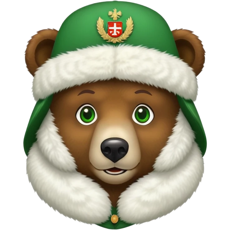Sweet brown bear face with green eyes, white fluffy ushanka hat with very visible Russian Federation coat of arms in center, iOS emoji style emoji