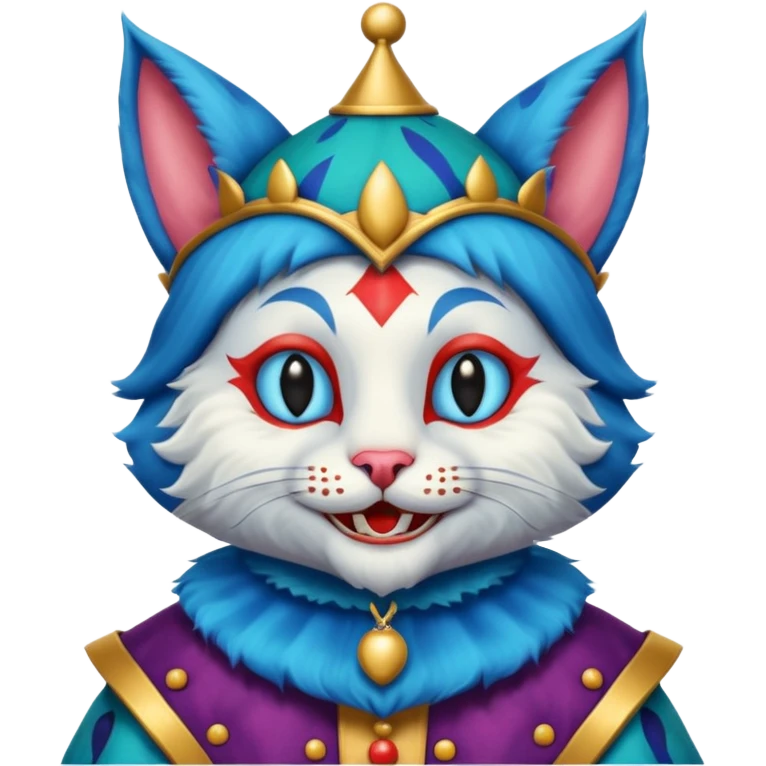 crazy colorful cute little cat jolly joker, medieval, vintage, court jester, mac os icon, blue color emoji