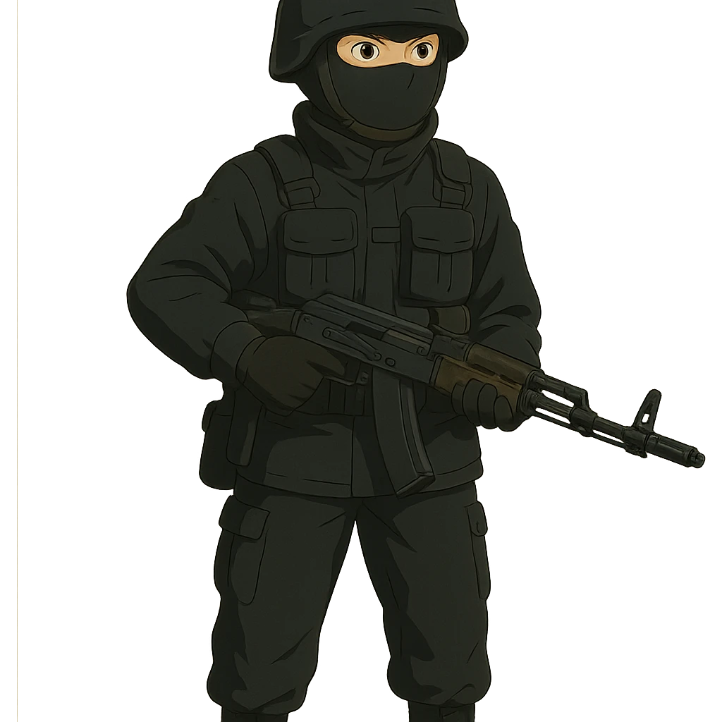 ghibli style armed figure in all-black military clothing, shiesty mask, and helmet emoji