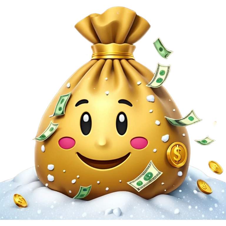 3D emoji style, money bag with dollar bills, New Year theme, snow particles, festive lighting, rich vibe, high detail, transparent background

 emoji