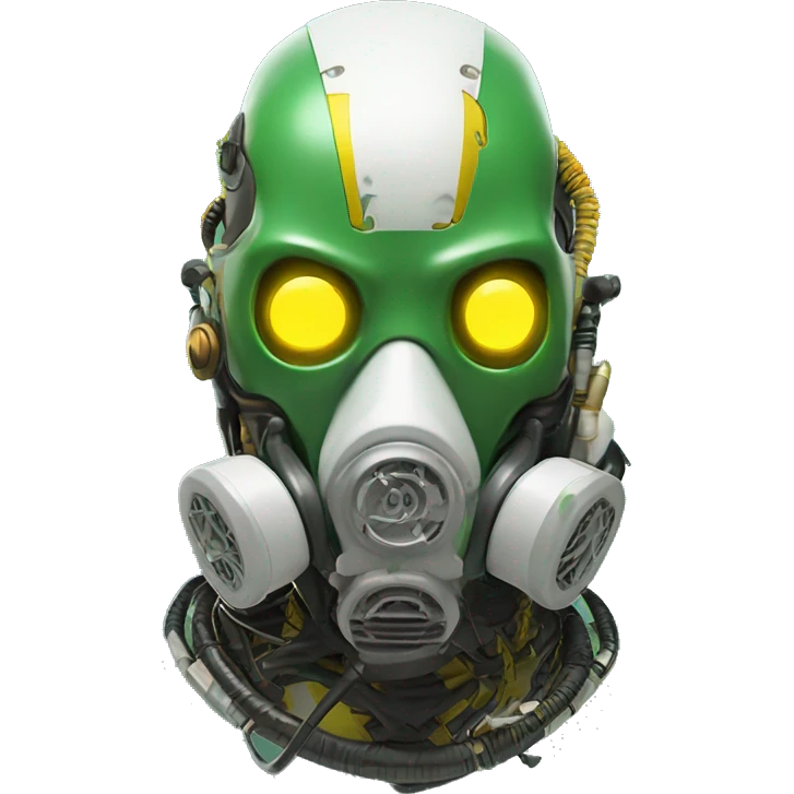 Green skin cyborg head with dark yellow Mohawk, white respirator mask and circuitry emoji