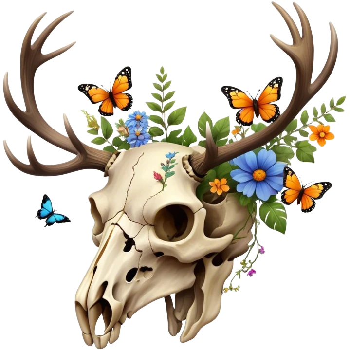 Elk skull with plants, flowers, butterflies  emoji