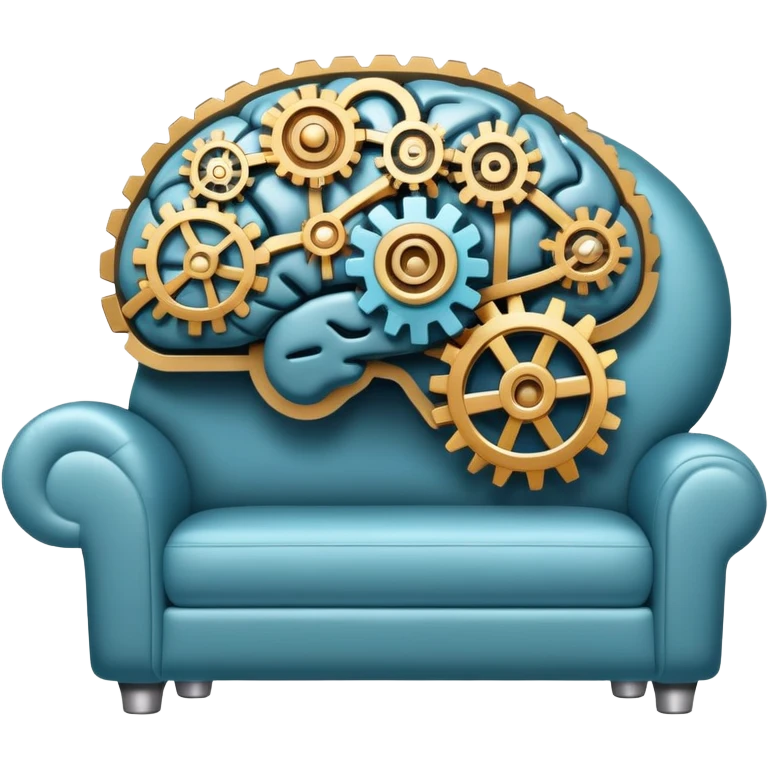 An icon featuring a brain with gears, a mind map, and a therapy couch, symbolizing psychology. The design includes a set of mental health tools, representing understanding the human mind. Transparent background emoji