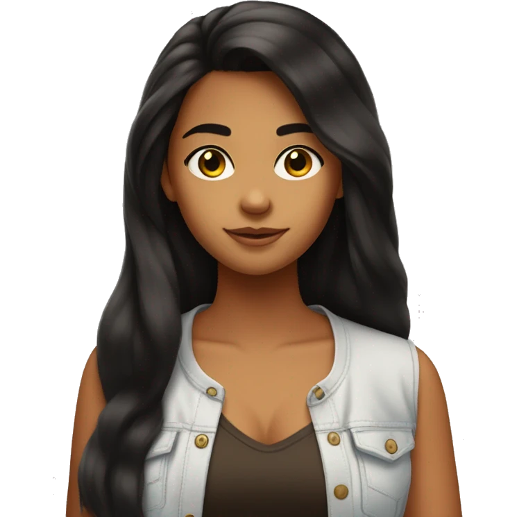 A teenage girl with tanned skin, long black hair down to her chest, which is fluffy hair, writing emoji