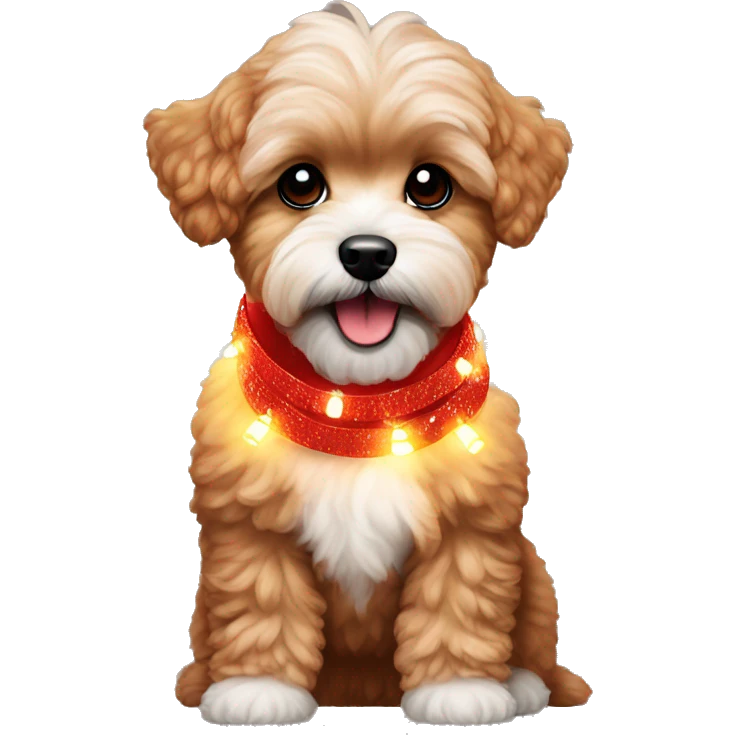 Red maltipoo with Christmas lights decorated around its neck emoji