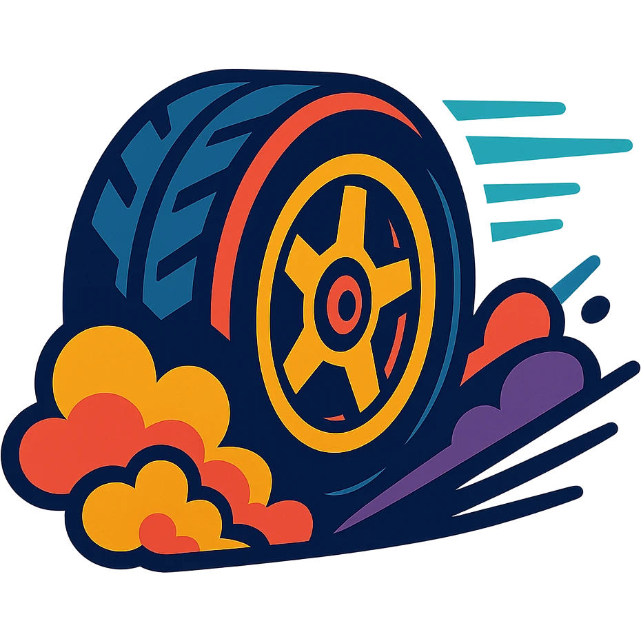 stylized tire with exaggerated smoke and speed lines, vibrant colors, modern illustration emoji