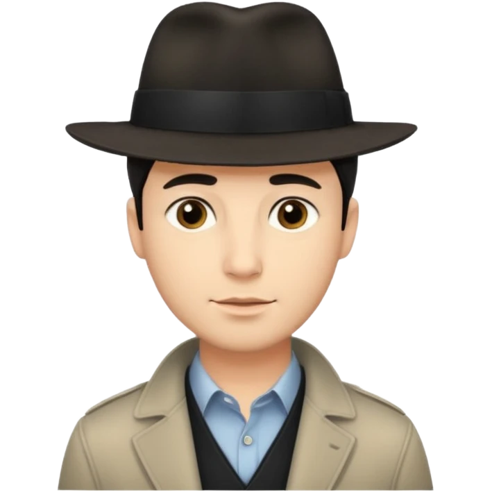 A light-skinned man with short dark hair, and a black fedora, with an oval face and calm look. emoji