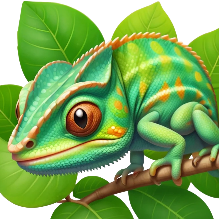cinematic cute-smiling baby chameleon-realistic emoji,-blending-with-vibrant-greenery.-detailed-scales-in-shifting-colors,-showing-the-chameleon’s-ability-to-camouflage.-soft-natural-light-highlights-its-texture.-light-background, zoomed into its face emoji