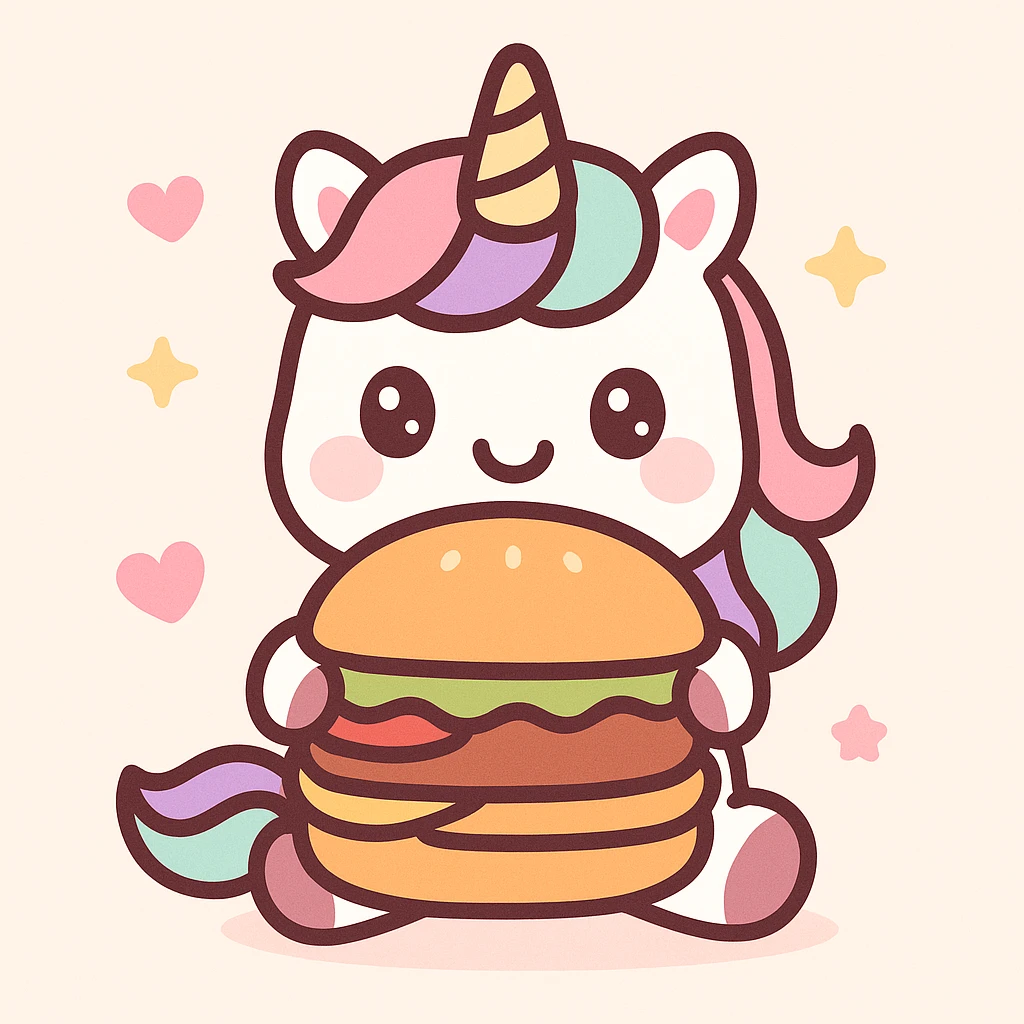 unicorn with a hamburger, cute, kawaii style emoji