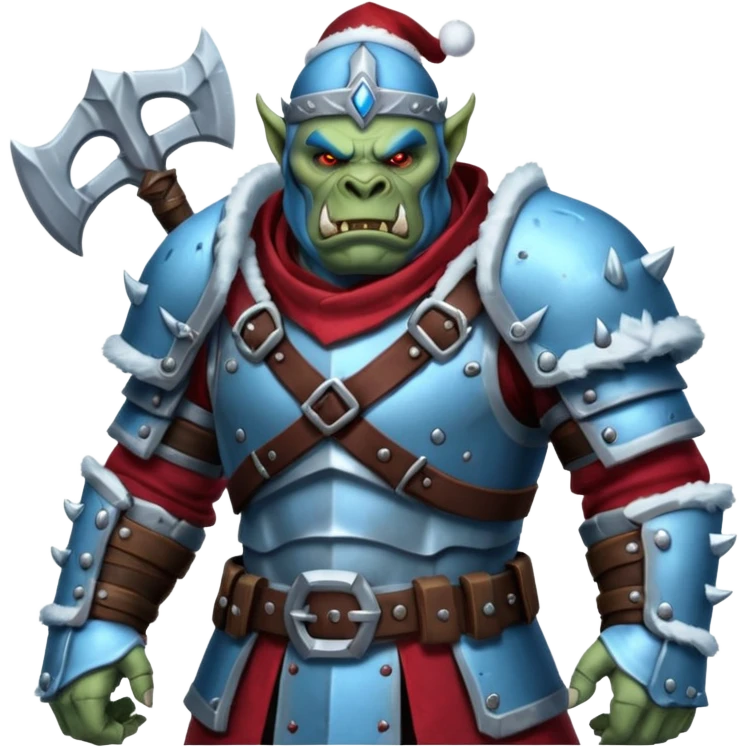 
Fantasy Christmas orc legion soldier icon, iron tundra army theme, heavy winter armor, disciplined brutal look, icy blue steel armor with deep crimson accents, frozen metal texture, cold winter atmosphere, male variant emoji