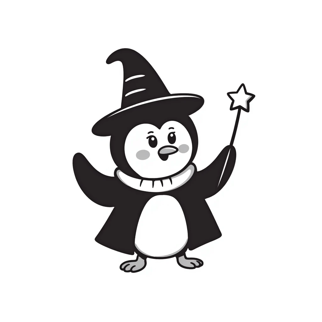 cute penguin wearing a wizard hat and robe, holding a magic wand emoji