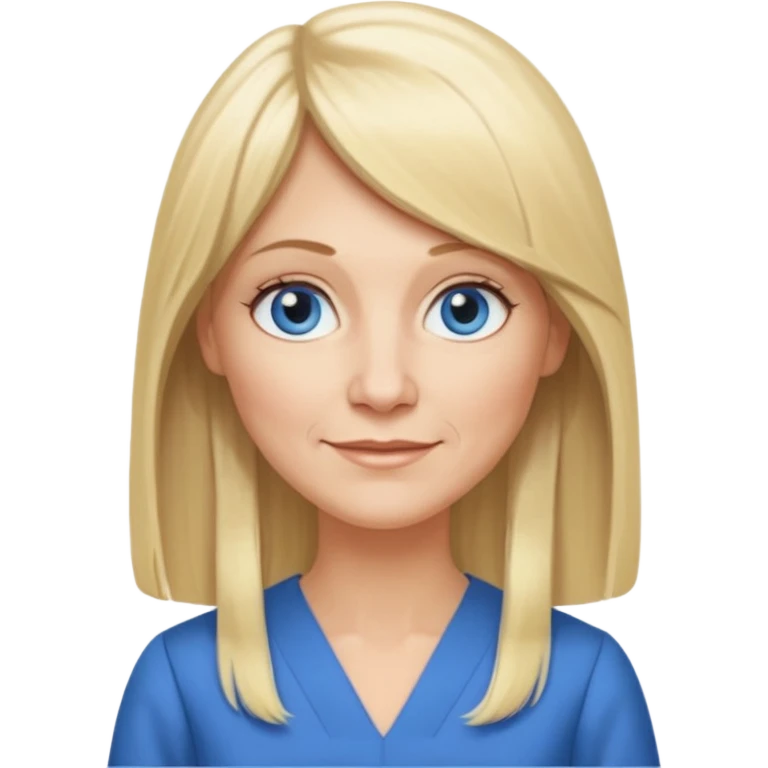 50 yr old white woman, hippie parted very long hair, short bangs, very long straight blond hair, oval face, small smile, blue eyes, thin face, hair downback, hair parted at center of head, round cheeks, pale, longer hair, business dress, long hair emoji