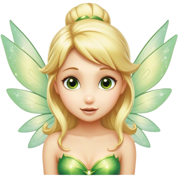Cinematic Realistic Blonde Tinker Bell Fairy Portrait, head tilted playfully and inquisitively, showcasing a delicate pixie form with finely detailed, golden blonde hair and softly glowing, translucent wings that catch the light with a cascade of fairy dust. Her bright, curious eyes sparkle with mischief and wonder, rendered with lifelike clarity and warm, gentle lighting that captures the essence of a spirited, charming fairy ready to flutter playfully into your heart. emoji