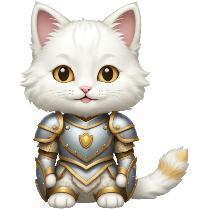 baby white cat in armor, full body, smile emoji