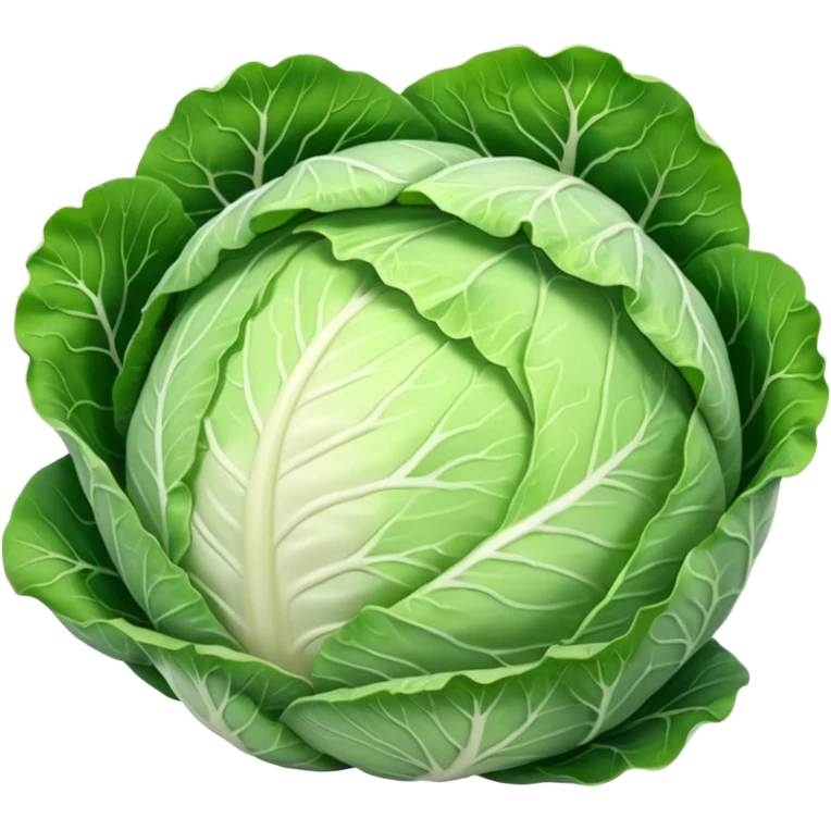 whole round cabbage with smooth, tightly packed pale green to white leaves forming a firm, spherical head, outer layers show gentle veining and slight natural gloss, soft lighting, subtle shadows, emoji scale emoji